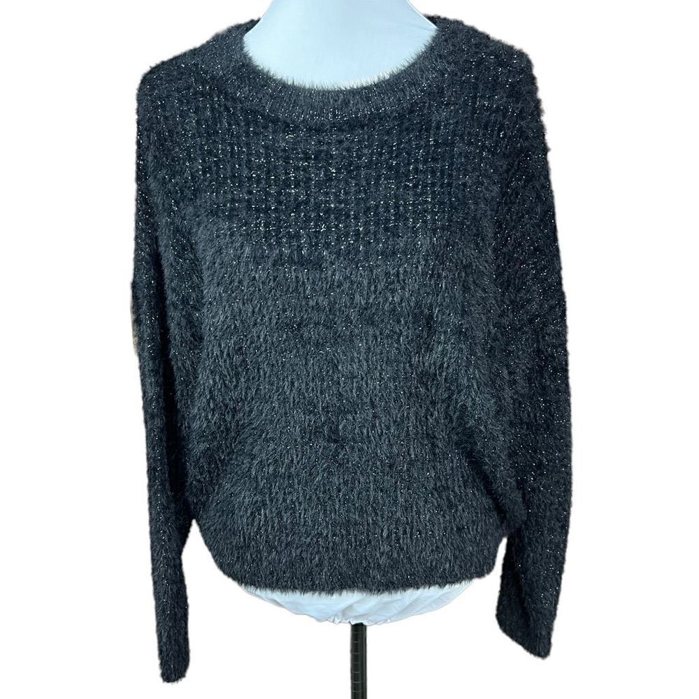 FRNCH Sweater Black Silver Threading Eyelash Knit Crew Neck Long Sleeves M/L